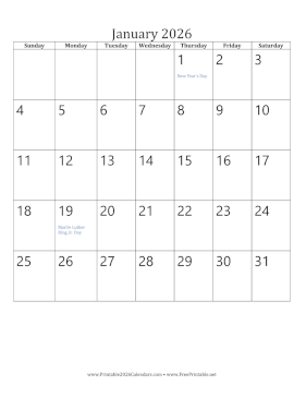 January 2026 Calendar (vertical) Calendar