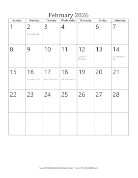 February 2026 Calendar (vertical) Calendar