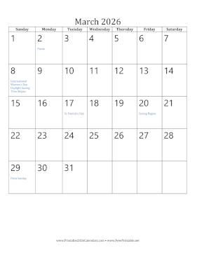March 2026 Calendar (vertical) Calendar