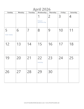 April 2026 Calendar (vertical) Calendar