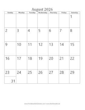 August 2026 Calendar (vertical) Calendar