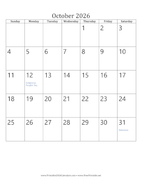 October 2026 Calendar (vertical) Calendar