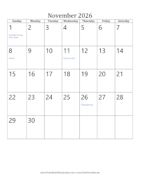 November 2026 Calendar (vertical) Calendar
