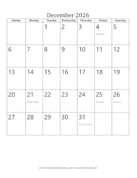 December 2026 Calendar (vertical) Calendar