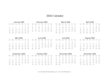 2026 Calendar One Page Horizontal Calendar