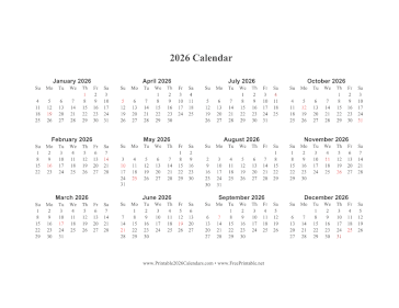 2026 Calendar One Page Horizontal Descending Holidays In Red Calendar