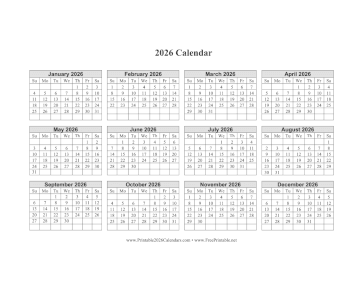2026 Calendar One Page Horizontal Grid Calendar