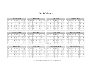 2026 Calendar One Page Horizontal Grid Descending Calendar
