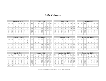 2026 Calendar One Page Horizontal Grid Descending Monday Start Calendar