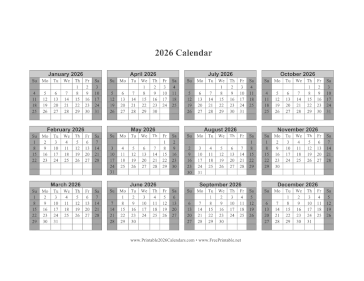 2026 Calendar One Page Horizontal Grid Descending Shaded Weekends Calendar