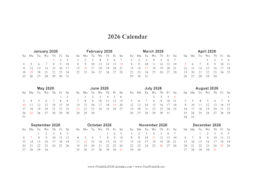 2026 Calendar One Page Horizontal Holidays In Red Calendar