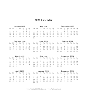 2026 Calendar One Page Vertical Descending Calendar