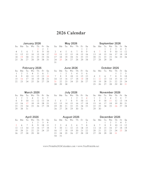 2026 Calendar One Page Vertical Descending Holidays In Red Calendar
