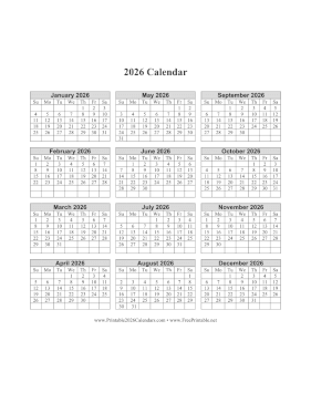 2026 Calendar One Page Vertical Grid Descending Calendar