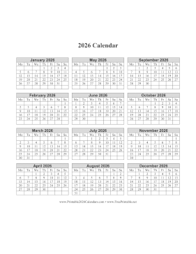 2026 Calendar One Page Vertical Grid Descending Monday Start Calendar