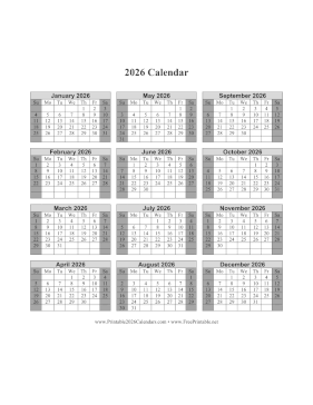 2026 Calendar One Page Vertical Grid Descending Shaded Weekends Calendar