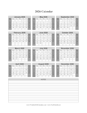 2026 Calendar One Page Vertical Grid Descending Shaded Weekends Notes Calendar