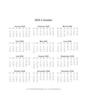 2026 Calendar One Page Vertical Holidays in Red Calendar