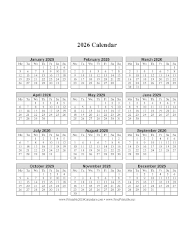 2026 Calendar One Page Vertical Monday Start Calendar