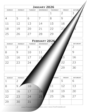 2026 Calendar Three Months Per Page Calendar