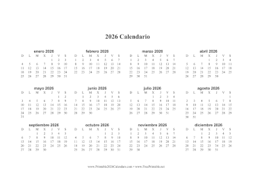 2026 Calendario en Una Pagina Horizontal Calendar