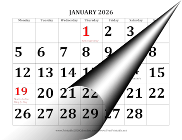 2026 Large Print Calendar with Monday Start Calendar