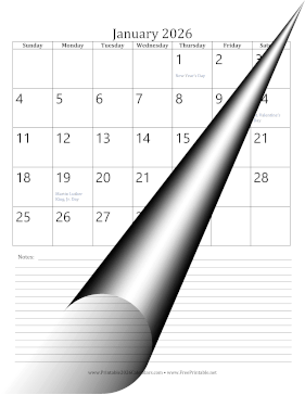 2026 Monthly Calendar with Notes Portrait Calendar