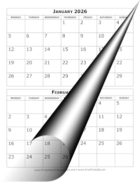 2026 Calendar Two Months per Page Monday Start Calendar