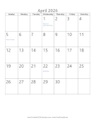 April 2026 Calendar (vertical)