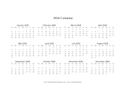 2026 Calendar on one page (horizontal holidays in red)