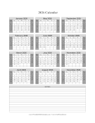 2026 Calendar on one page (vertical shaded weekends notes)
